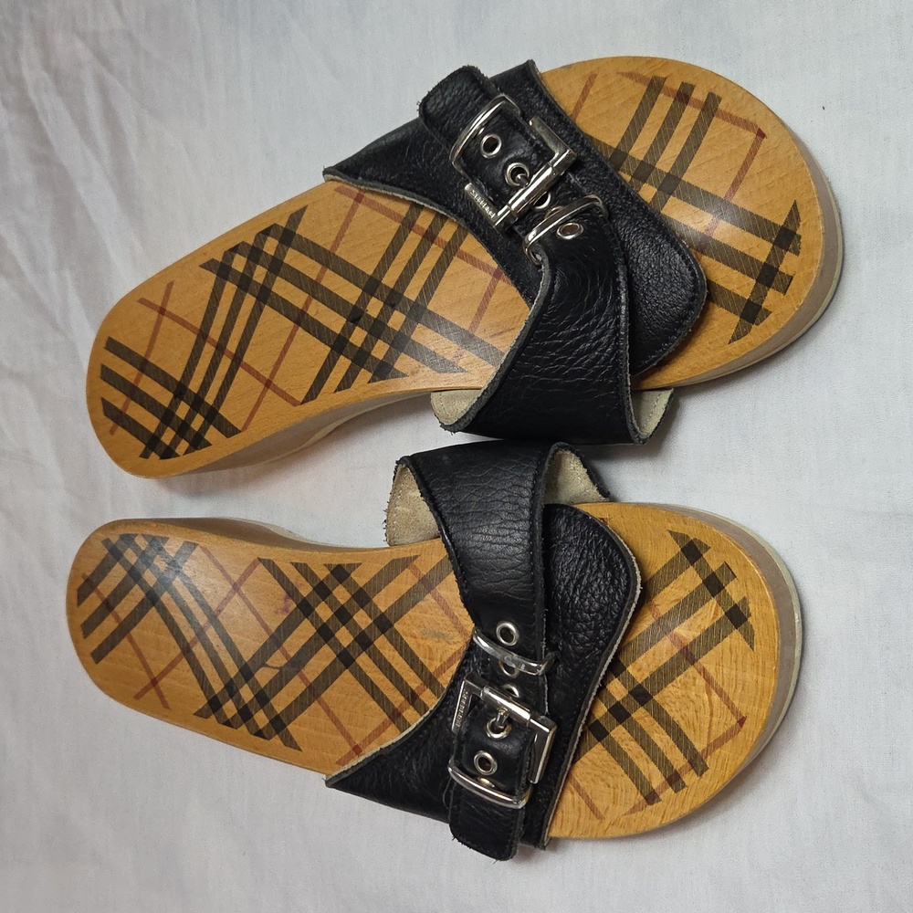 BURBERRY Limited Edition 2004 Wooden Sandals BLACK PLAID Leather Clog size 8 - Picture 2 of 13